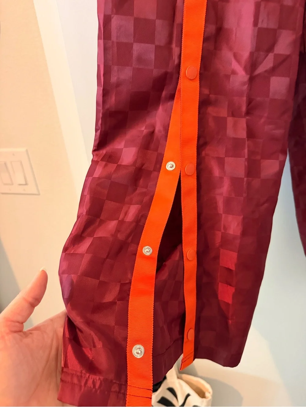 Puma Fenty Burgundy Checker-Panel Tearaway Pants with Orange Stripes Sz XS